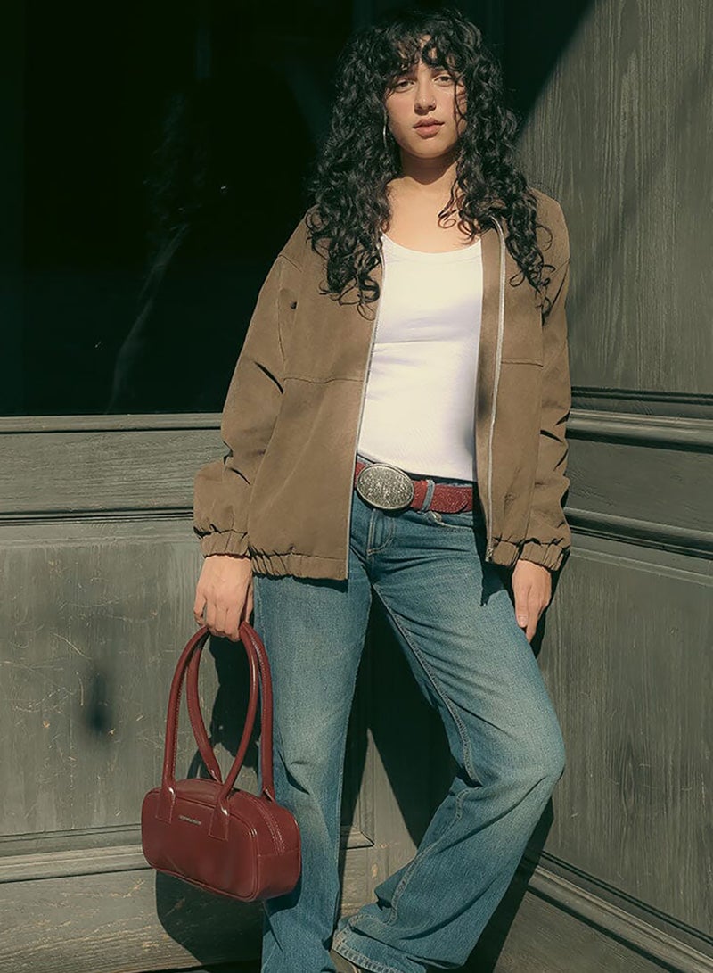 In Your Shoe Brown Embroidered Oversized Leather Jacket - Image 1